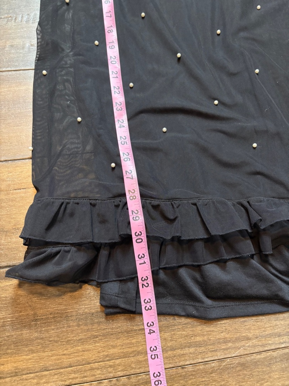 Sz 4 Black Dress Sheer Mesh Pearl Studs & Ruffle Hem, Short sleeve mini bodycon - Picture 6 of 11